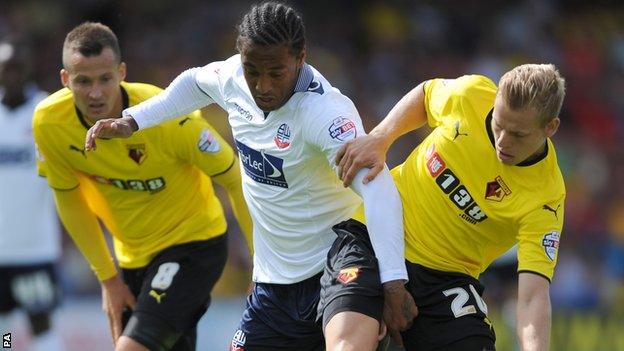 Neil Danns (centre) came on as a second-half substitute but could not inspire a Bolton comeback