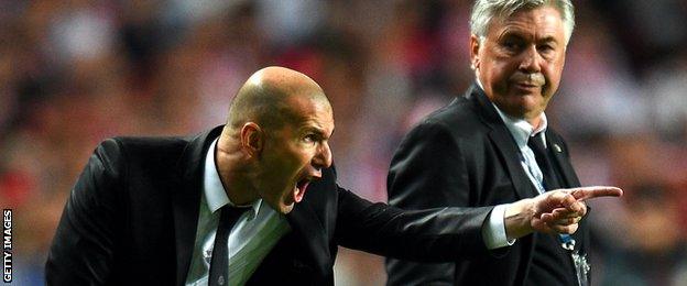 Assistant manager Zinedine Zidane and Carlo Ancelotti dictate from the sidelines