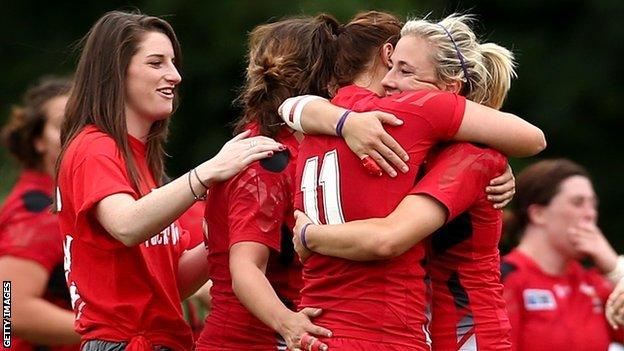 Wales Women celebrate beating South Africa