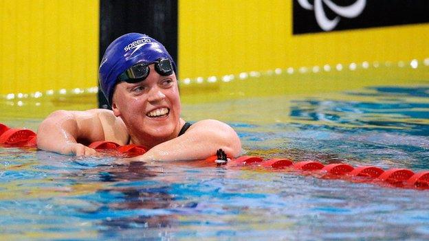 Ellie Simmonds of Great Britain celebrates winning the gold medal in the Women's 200m Individual Medley SM6 Final during day four of the IPC Swimming European Championships.