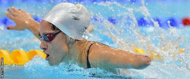 Spain's Sarai Gascon competes during the women's S9 100m butterfly swimming heats during the London 2012 Paralympic Games at the Olympic Park's Aquatics Centre.