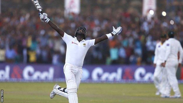 Sri Lanka captain Angelo Mathews celebrates victory in Galle