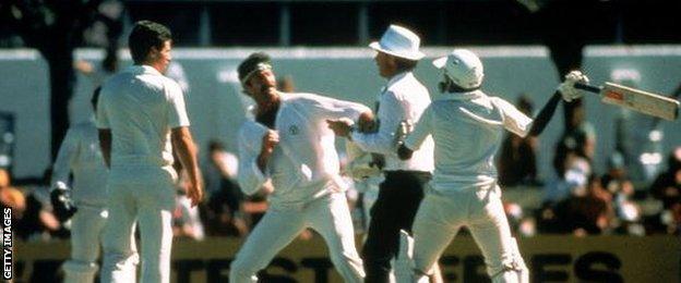 Dennis Lillee of Australia and Javed Miandad of Pakistan