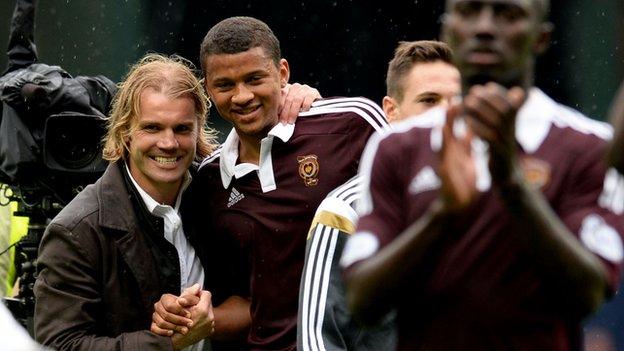 Hearts celebrate beating Rangers