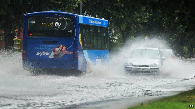 Flooded roads in Chilwell, near Nottingham