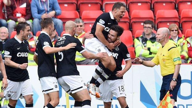 Dundee United's Ryan Dow (right) celebrates his goal with team-mates as they take the lead against Aberdeen