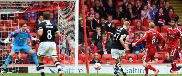 Dundee United's Chris Erskine (centre right) slots it by Jamie Langfield to seal a 3-0 win over Aberdeen