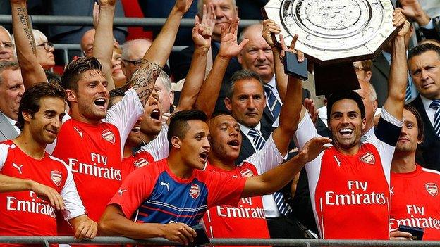 Arsenal celebrate winning the Community Shield after beating Manchester City