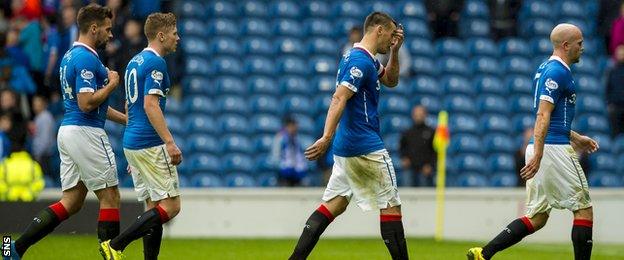 Rangers players leave the field following the 2-1 defeat by Hearts