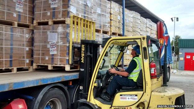Boxes of aid on a lorry