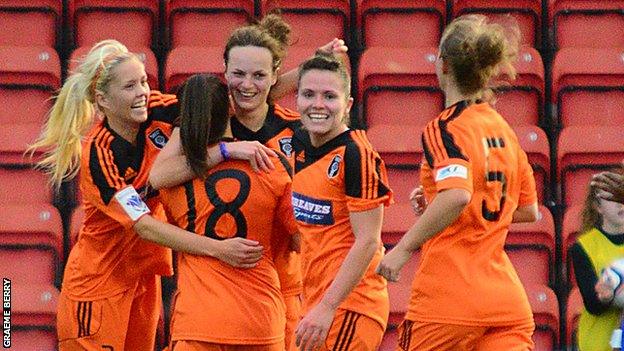 Glasgow City players celebrate during the 5-0 win over Nove Zamky.