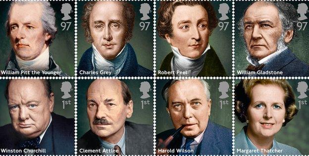 Top row (left to right): William Pitt the Younger, Charles Grey, Robert Peel, and William Gladstone; Bottom row: Winston Churchill, Clement Attlee, Harold Wilson, Margaret Thatcher