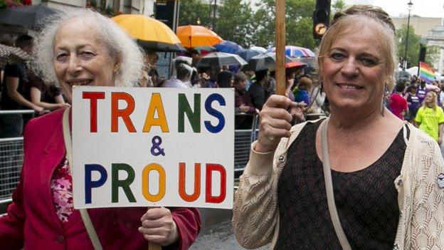 Two people at Pride in the UK, one holding a "Trans & Proud" sign