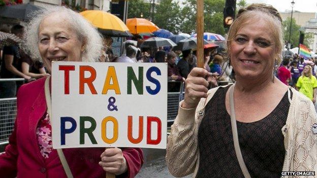 Two people at Pride in the UK, one holding a "Trans & Proud" sign