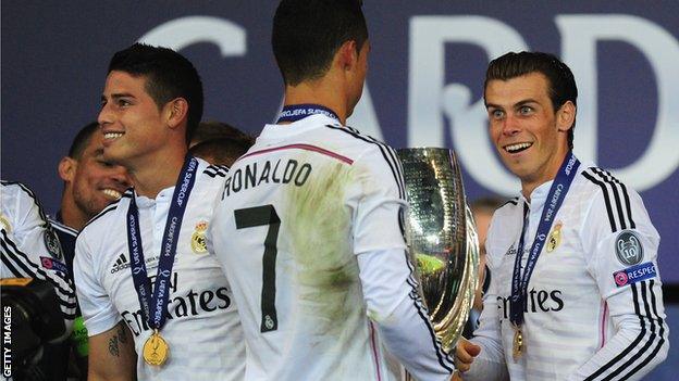 Gareth Bale with team mates Cristiano Ronalo and James Rodriguez