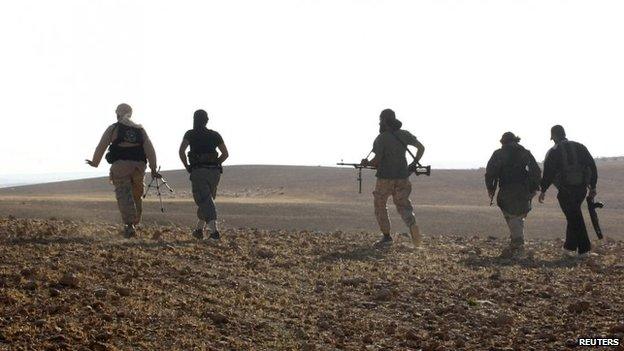 Free Syrian Army fighters walk with their weapons in Hama countryside on 3 June 2014