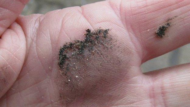 Dust on person's hand