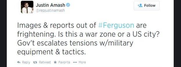 Representative Justin Amash tweets about the unrest in Ferguson, Missouri.