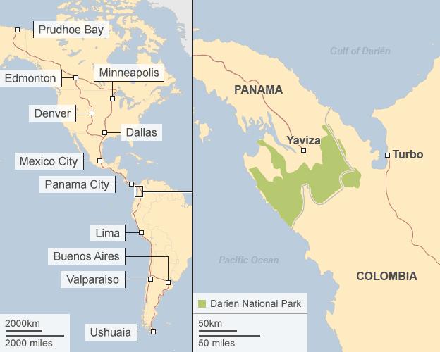 Split map showing Pan-American Highway (left) and Darien National Park in Panama (right)