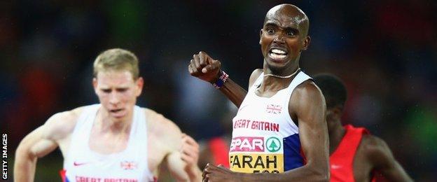 Great Britain's Andy Vernon and Mo Farah