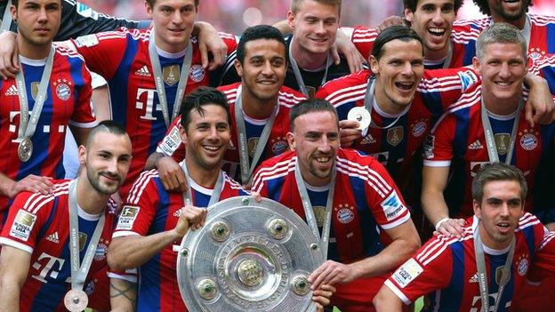 Bayern Munich celebrate winning Germany's 2013/14 Bundesliga title