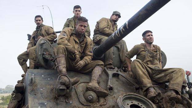 Brad Pitt (foreground) with (l to r) Shia LaBeouf, Logan Lerman, Michael Pena and Jon Bernthal in Fury