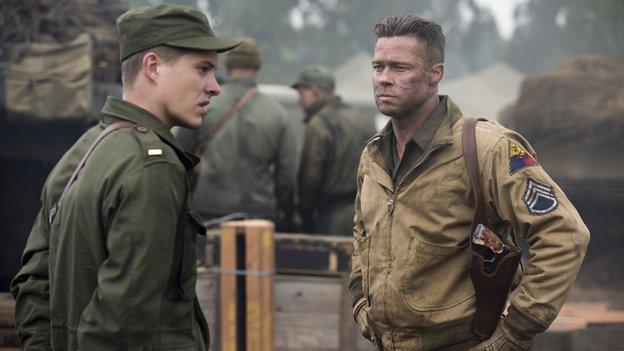 Brad Pitt (r) with Xavier Samuel in Fury