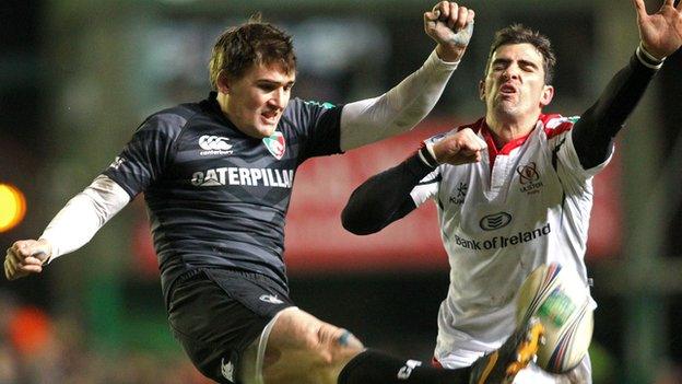 Ruan Pienaar tries to block a Toby Flood clearance in last January's Heineken Cup game at Welford Road