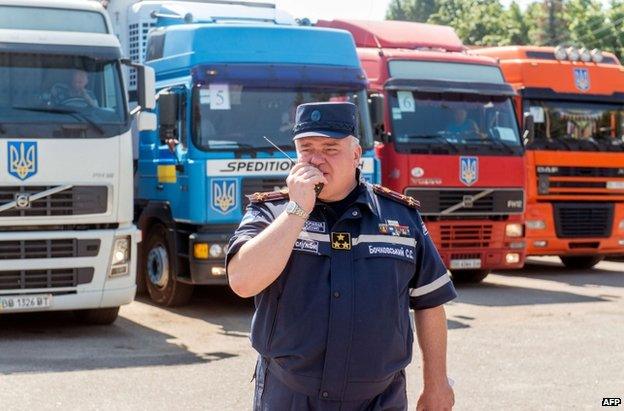 Ukrainian aid lorries in Kharkiv, 14 August