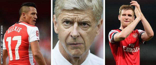 Arsenal forward Alexis Sanchez, manager Arsene Wenger and defender Per Mertesacker