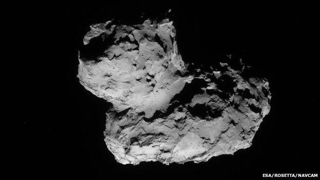 Full-frame NavCam image taken on 11 August 2014 from a distance of about 102 km from comet 67P/Churyumov-Gerasimenko