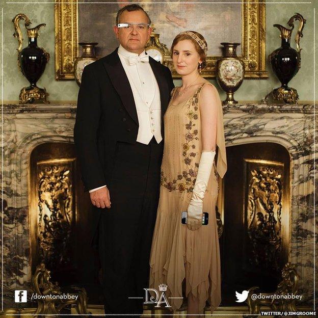 The Earl of Grantham wearing Google Glass and Lady Edith holding an iPhone