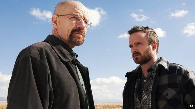 Bryan Cranston as Walter White, left, and Aaron Paul as Jesse Pinkman