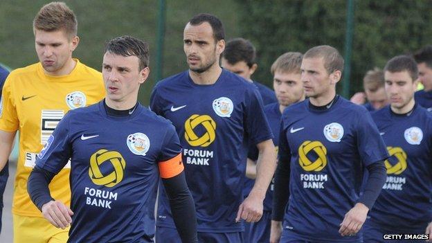 FC Sevastopol players before a Ukraine championship match against FC Carpaty in Lviv on 29 March 2014