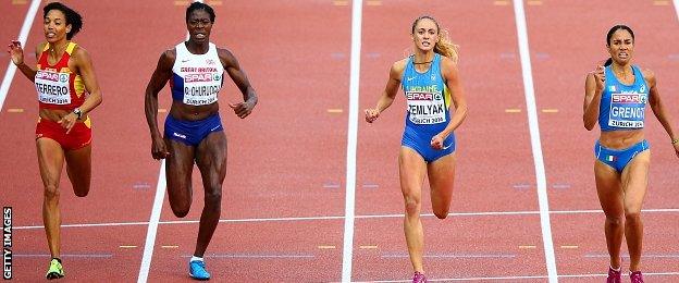 Indira Terrero of Spain, Christine Ohuruogu of Great Britain and Northern Ireland, Olha Zemlyak of Ukraine and Libania Grenot of Italy