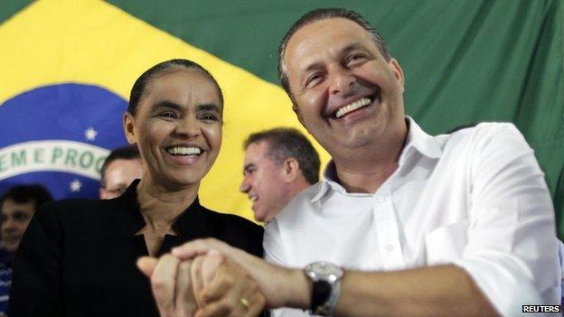 Marina Silva (L) with Eduardo Campos in Brasilia, October 5, 2013.