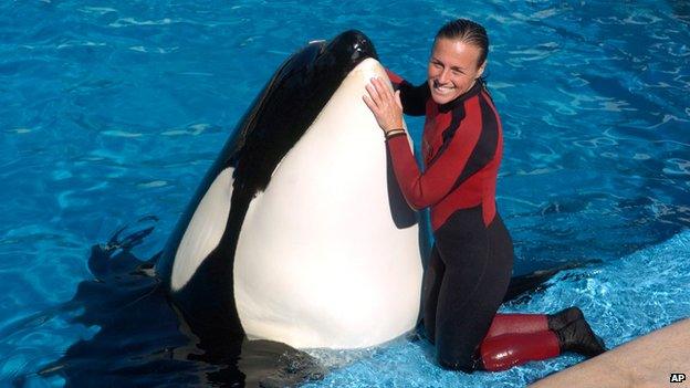 Dawn Brancheau, a whale trainer at SeaWorld Adventure Park, poses while performing 30/12/2005