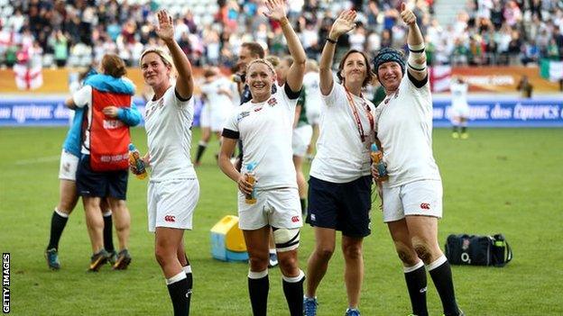 Rochelle Clark (r) celebrates with team-mates after beating Ireland in the semi-final