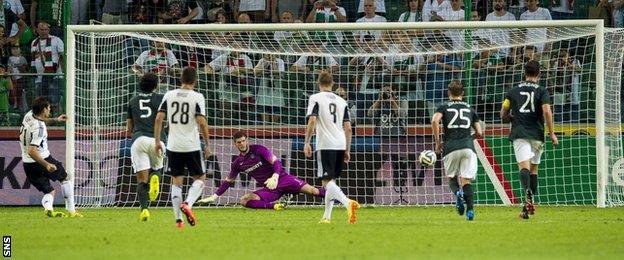 Legia Warsaw's Ivica Vdoijak misses a penalty against Celtic