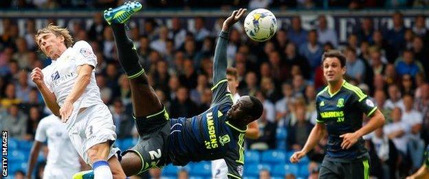 Middlesbrough midfielder Albert Adomah produces an acrobatic effort to score but his effort is ruled out