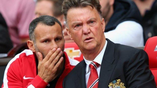 Ryan Giggs and Louis van Gaal on the bench at Old Trafford