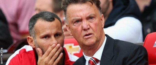 Ryan Giggs and Louis van Gaal on the bench at Old Trafford