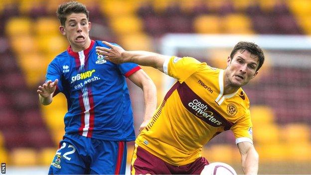 Motherwell's John Sutton battles for possession with Inverness CT's Ryan Christie