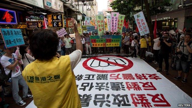 a pro-China group, attend a march to demonstrate against the so-called Occupy Central protest movement in Hong Kong July 13, 201