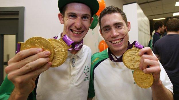 Michael McKillop and Jason Smyth show off their London Paralympics gold medals