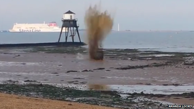 The controlled explosion on a beach in Dovercourt