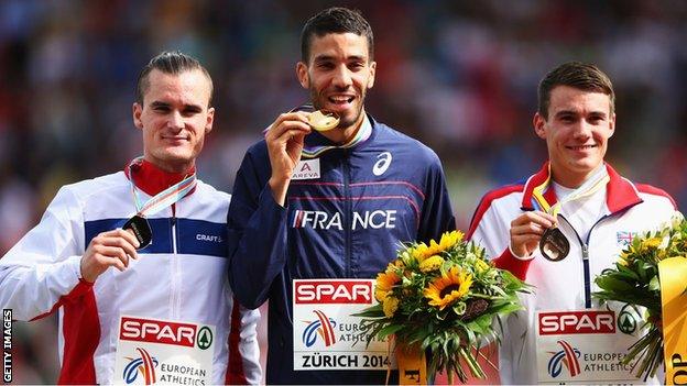 Chris O'Hare (right) stands on the European 1500m podium beside winner France's Mahiedine Mekhissi-Benabbad and second-placed Henrik Ingebrigtsen of Norway