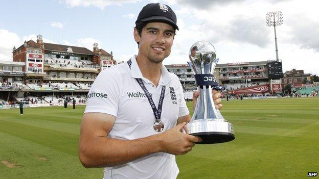 Englands captain Alastair Cook with the Pataudi Trophy after their win in the Test series at The Oval in London on August 17, 2014