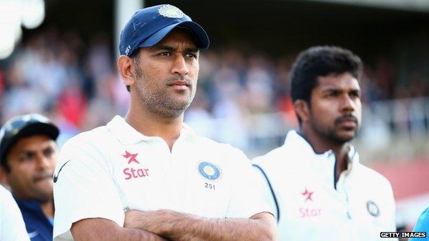 MS Dhoni looks on after India lost the match to England during day three of the 5th Investec Test match between England and India at The Kia Oval on August 17, 2014 in London