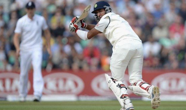 Cheteshwar Pujara of India bats during day three of 5th Investec Test match between England and India at The Kia Oval on August 17, 2014 in London, England